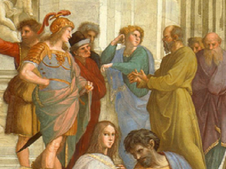 Aus der Freske Schule von Athen, Sokrates mit Zuhörern, von Raffael, Foto C. May